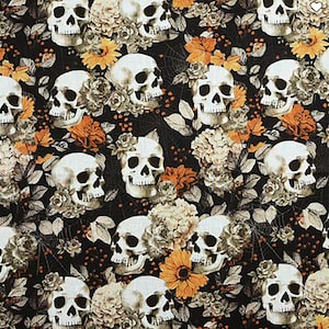 Skulls And Fall Floral Halloween Cotton Fabric, Orange flowers, Skulls, Halloween
