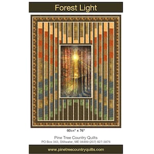 May include: A rectangular quilt titled Forest Light featuring a central panel of a sunlit forest scene surrounded by vertical fabric strips in shades of brown, orange, and green. The quilt measures 60 3/4 inches by 76 inches with a dark border.
