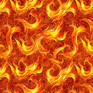 May include: A seamless pattern of stylized flames in yellow, orange, and red. The flames have a flowing design against a textured, dark orange background, creating a fiery, energetic visual. The pattern evokes heat and movement.