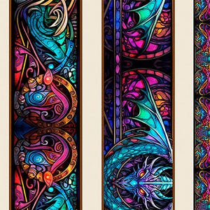 May include: A vibrant stained-glass design featuring a dragon and abstract patterns in shades of blue, purple, and orange. The artwork is framed by vertical beige and brown borders, creating a decorative and artistic composition.