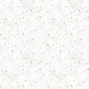 Puede incluir: Tela blanca con un patrón repetido de estrellas doradas, pequeños puntos negros y acentos pastel coloridos. El diseño incluye explosiones de estrellas en azul claro, rosa y amarillo, creando un tema celestial caprichoso. Ideal para proyectos de patchwork o manualidades.