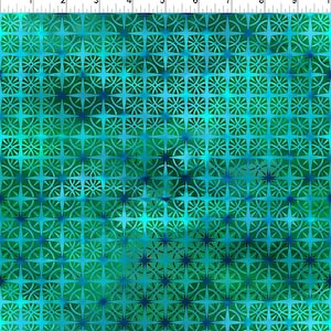 Könnte beinhalten: Ein lebendiger Stoff mit einem sich wiederholenden Muster aus geometrischen Formen in Türkis- und Grüntönen. Das Design zeigt ein Raster aus Quadraten, die jeweils ein sternförmiges Motiv in einem kreisförmigen Rahmen enthalten. Der Stoff hat ein batikartiges Aussehen mit Farbvariationen.