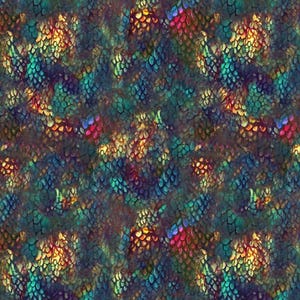 Pode incluir: Um padrão sem costura com um design abstrato. O padrão é composto por formas sobrepostas em forma de escamas em tons de verde-azulado, dourado, roxo e vermelho. O efeito geral é uma aparência texturizada e iridescente, que lembra a pele de réptil.