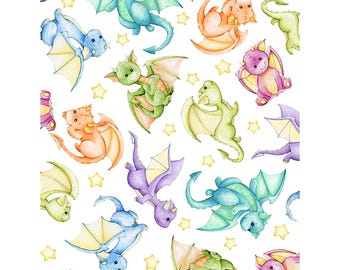 Dragon Friends, Tossed Dragons, 4DF, In the Beginning Fabrics, Jason Yenter, Pastel, Non directional