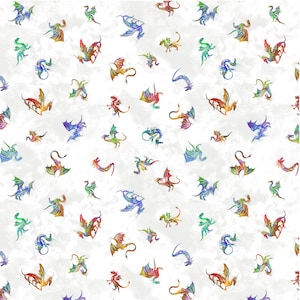 May include: A repeating pattern of colorful dragons in various poses against a white, textured background. The dragons feature a watercolor effect with shades of red, orange, yellow, green, blue, and purple. The design is whimsical and fantasy-themed.