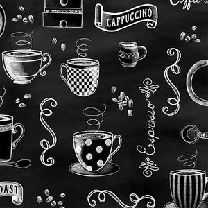May include: Black and white chalkboard-style illustration featuring various coffee-related elements. The design includes coffee cups, coffee beans, and the word "Cappuccino" on a banner. The overall theme is coffee and cafe.