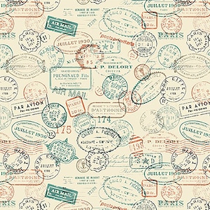Viaje en el tiempo de Urban Essence Designs para Blank Quilting, 3018-41, viajes, franqueo, marfil, sellos postales, steampunk