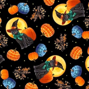 Abra-CAT-dabra, Quilting Treasures, 29666J, Cat and Pumpkin Toss, ©Gina Jane Lee  Black