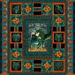 May include: A quilt with a dragon design. The quilt is made of a variety of fabrics in shades of green, orange, and black. The dragon is in the center of the quilt and is surrounded by a border of smaller dragons. The quilt is a great way to add a touch of fantasy to your home.