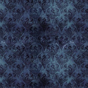 May include: A fabric pattern featuring a repeating motif of dark blue dragons with spread wings and intricate Celtic knotwork details. The background consists of a textured, mottled surface in varying shades of deep navy and slate blue.