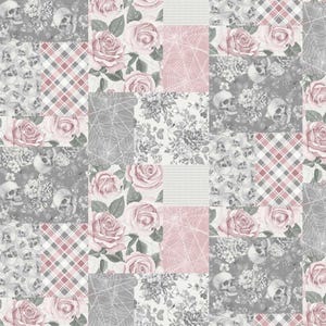 May include: A patchwork fabric design featuring alternating squares of light pink roses, grey and white spider webs, grey skulls with floral accents, and a pink, grey, and white plaid pattern. The repeating print displays a mix of botanical and gothic motifs.
