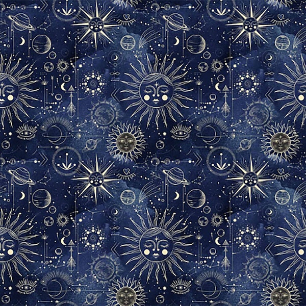 Quilting Treasures, QT, Packed Celestial # : 29629 -N , Navy, ©Kate Ward Thacker for Ink and Arrow, heavens, sky, moon