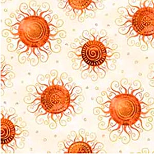 以下が含まれることがあります： クリーム色の背景に、渦巻く光線と詳細な中心部を持つ、様式化されたオレンジ色の太陽の繰り返し模様。太陽は均等に配置され、小さな灰色の点で囲まれており、暖かく装飾的なデザインを作り出しています。