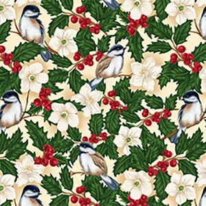 Blank Quilting, All Spruced Up 2771-41 ,Ivory by Satin Moon Designs, Holly, Birds, Floral