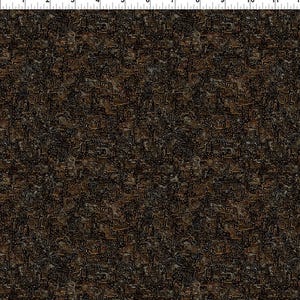 May include: A close-up of a fabric with a repeating pattern. The pattern features a complex, textured design in shades of brown, black, and bronze. The overall effect is reminiscent of aged metal or a detailed, abstract map.