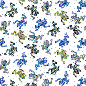 May include: A white background with a repeating pattern of colourful frogs. The frogs are all different colours and have intricate designs on their bodies. The background is dotted with small blue dots.