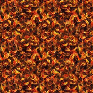 Pode incluir: Padrão contínuo com chamas em tons de laranja, amarelo e vermelho sobre um fundo castanho escuro. O design repetitivo cria um efeito visual dinâmico e energético, que lembra um incêndio. Adequado para diversas aplicações.