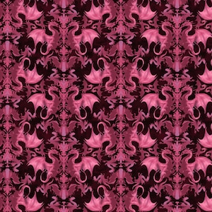 Pode incluir: Um padrão repetitivo com dragões rosa com asas abertas contra um fundo bordô escuro. Os dragões são estilizados com detalhes intrincados, criando um tema gótico ou de fantasia. O design é simétrico e ornamentado.
