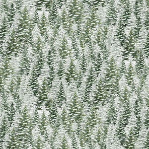 May include: A repeating pattern of evergreen trees covered in snow. The trees are a mix of green and white, creating a winter forest scene. The image has a textured, watercolor-like appearance, suggesting a fabric or wallpaper design.