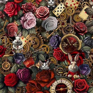 Puede incluir: Un patrón caprichoso con rosas rojas, rosas y moradas, engranajes, naipes, relojes de bolsillo y personajes de Alicia en el país de las maravillas. El diseño incluye un conejo blanco, un gato de Cheshire y llaves antiguas.