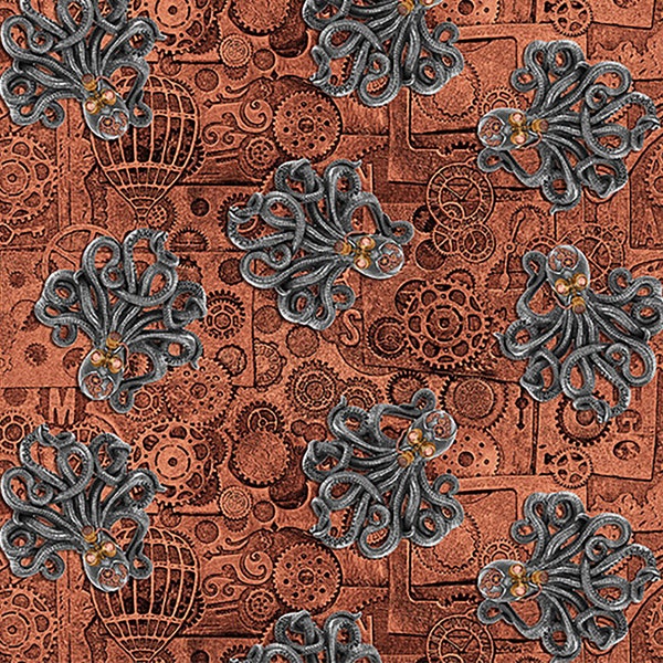 Alternative Age 2323-85 Gray by Urban Essence Designs for Blank Quilting, Gray Octopus on Rust Gears