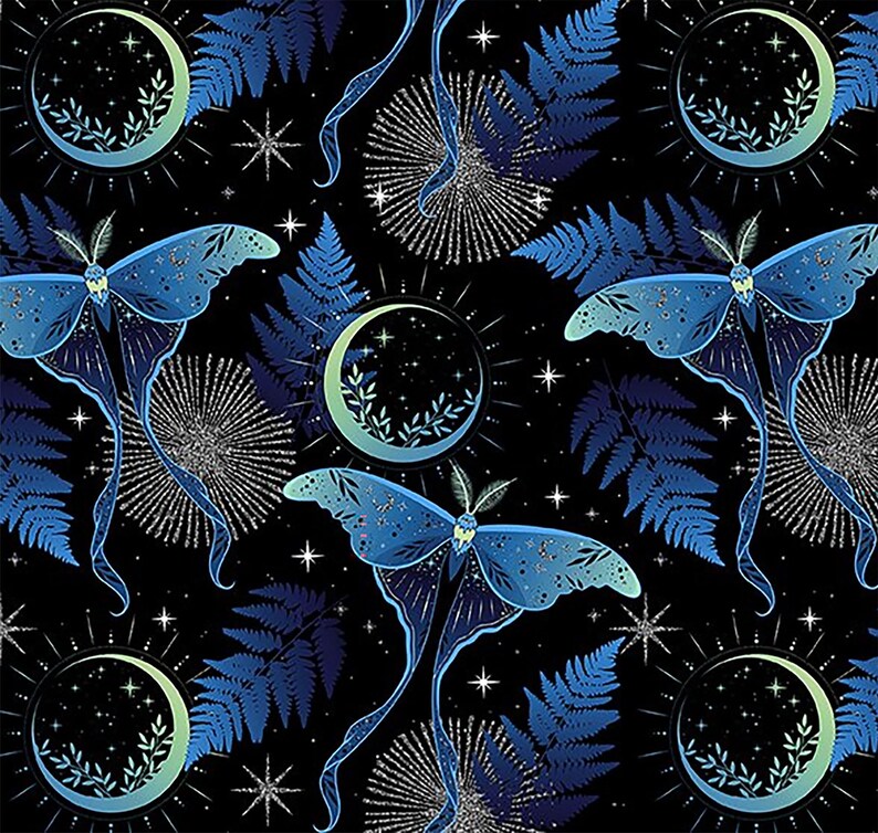 La Luna - 5LL-1M Blue/silver Lunar Moths - in the Beginning Fabrics ...