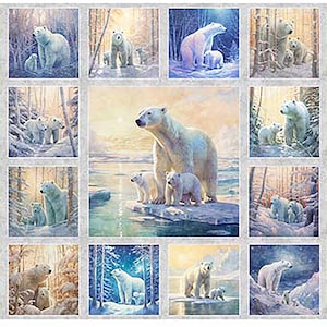 Puede incluir: Un collage digital que presenta un patrón repetido de osos polares en un paisaje invernal nevado. Los osos se representan en varias poses, incluyendo de pie, caminando y jugando. El fondo es de un suave azul y blanco, con toques de rosa y amarillo.