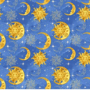 Quilting Treasures, QT, Celestial Sun & Moon Style # : 29630 -B , blue, ©Kate Ward Thacker for Ink and Arrow, heavens, sky