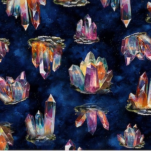 May include: A repeating pattern of colorful crystals in shades of purple, orange, yellow, and blue against a dark blue background. The crystals have a natural, gem-like appearance, with sharp edges and varying sizes.