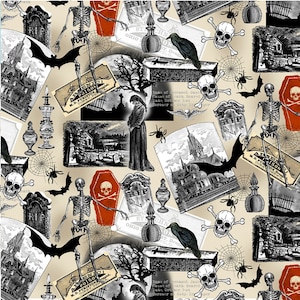 Op de afbeelding: Een beige achtergrond met een herhalend patroon van zwart-witte illustraties van skeletten, vleermuizen, kisten, schedels, raven en andere griezelige Halloween-beelden. De tekst "RIP" en "POISON" is zichtbaar in de afbeelding.