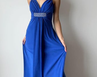 Size 10 Royal Blue Regency Style Gown | Rhinestone Waist Empire Dress | 90s Bridgerton Core Evening Ballgown