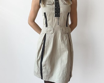 Dolce & Gabbana Y2K Utility Dress | Khaki Beige Safari Lace-Up Dress | 2000s Designer Military Gorpcore - Size XS