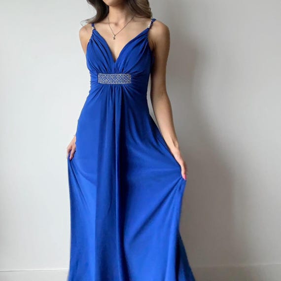 Size 10 Royal Blue Regency Style Gown | Rhinestone Waist Empire Dress | 90s Bridgerton Core Evening Ballgown Size 10 Royal Blue Regency Style Gown | Rhinestone Waist Empire Dress | 90s Bridgerton Core Evening Ballgown