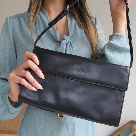 Minimalist Black Leather Shoulder Flap Bag