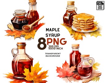 Watercolor Maple Syrup Clipart: 8 quality PNGs,  300 DPI - Ideal for Digital Journal, Printable with Commercial Use, Digital download