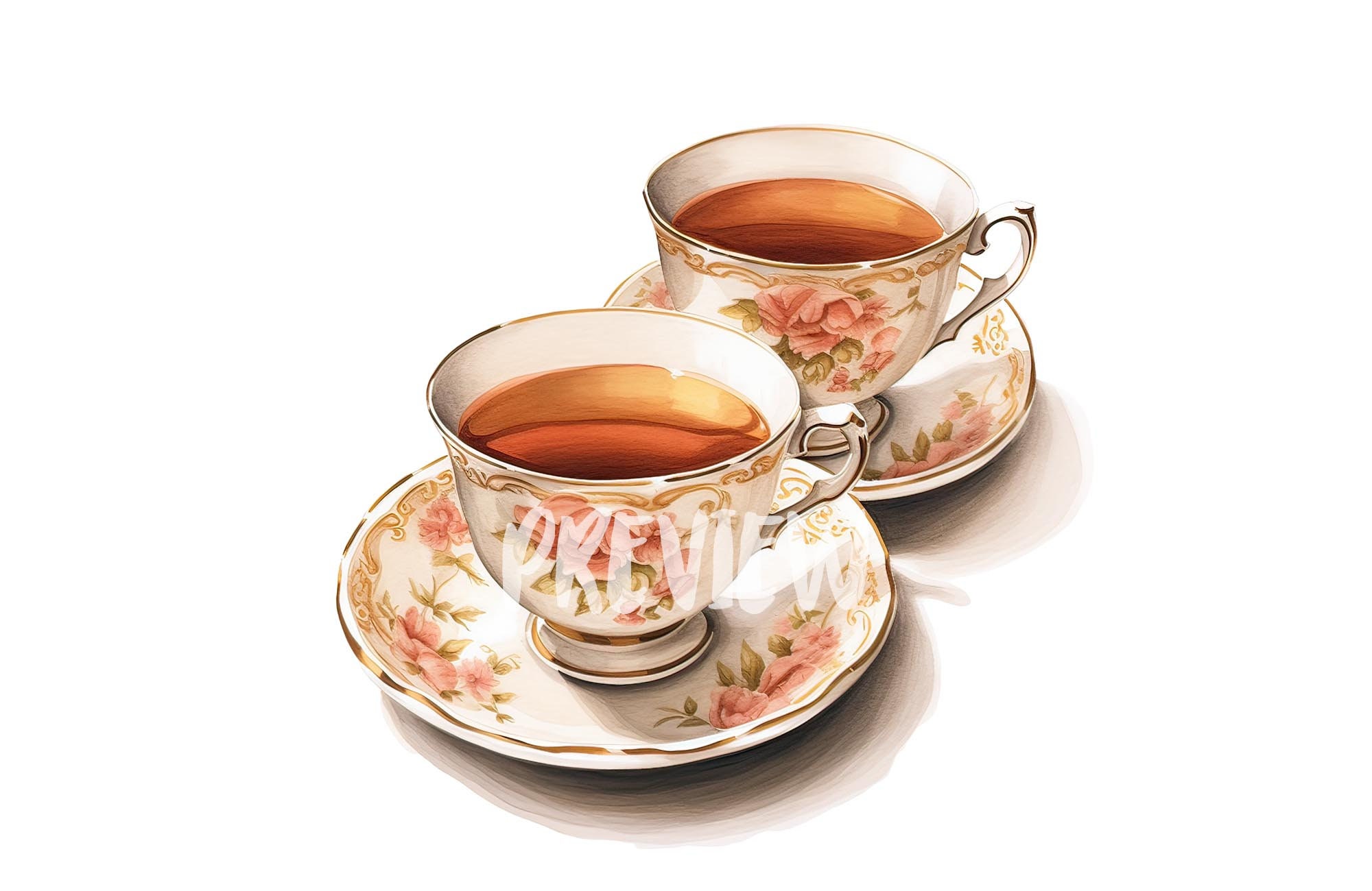 水彩画 ティーセット 絵画 ティーカップの水彩画クリップアート セット - デジタル