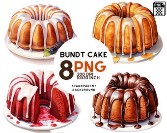 Watercolor Bundt Cake Clipart: 8 quality PNGs, 300 DPI - Ideal for Digital Journal, Recipe Book, Commercial Use, Digital download