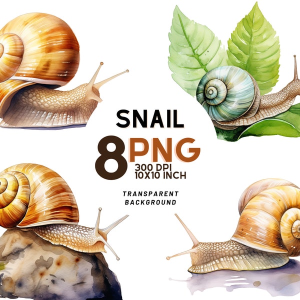 Watercolor Snail Clipart: 8 High-Quality PNG 300DPI - Ideal for scrapbooking, Botanical Journal - Commercial Use, Instant Digital Download