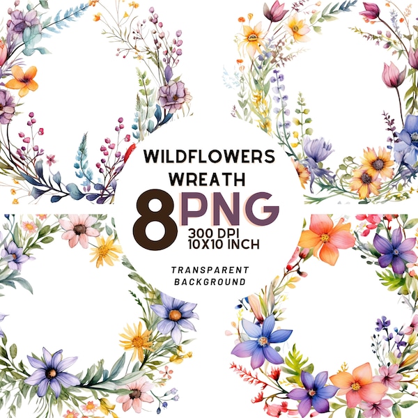 Watercolor Wildflowers wreath set: 8 High-Quality 300 DPI PNGs, Botanical Print, Printable with Commercial Use, Digital Download