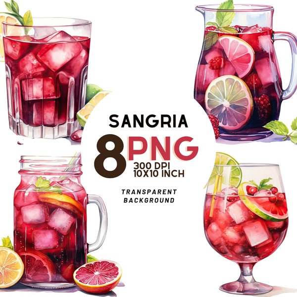 Watercolor Sangria Clipart: 8 quality PNGs,  300 DPI, Digital Journal, Printable with Commercial Use, Digital download