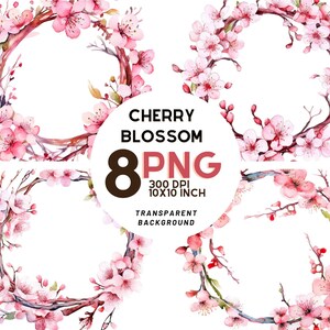 Conjunto de corona de flor de cerezo de acuarela: 8 PNG de 300 DPI de alta calidad, impresión botánica, imprimible con uso comercial, descarga digital