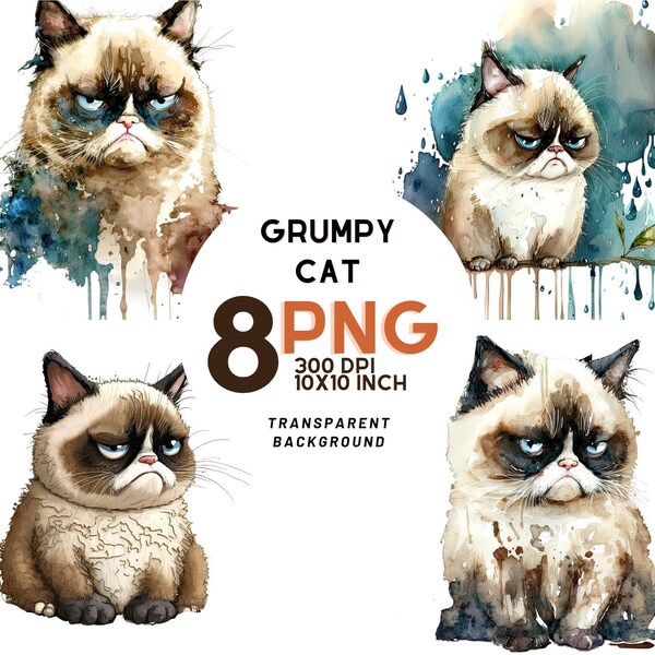 Watercolor Grumpy Cat Clipart: 8 Quality PNGs for Scrapbooking, Digital Journaling, Printing, and Commercial Use