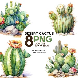 Conjunto de imágenes prediseñadas de acuarela de cactus del desierto - 8 PNG de alta calidad para impresiones botánicas, diarios digitales, álbumes de recortes, descarga digital