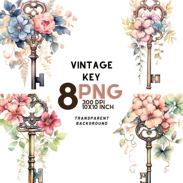 Acuarela vintage Key Clipart set: 8 PNG 300 DPI - Ideal para scrapbooking, diario digital - Uso comercial - Descarga instantánea