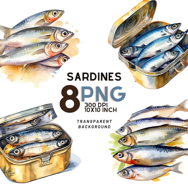 Watercolor Sardine Clipart Set - 8 High-Quality PNGs for Scrapbooking, Digital Journaling & Printable Decor - Instant Download