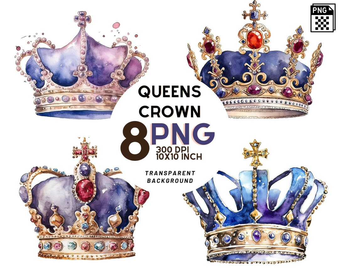 Queen Crown Watercolor Illustrations Set 8 High Quality PNG 300 DPI