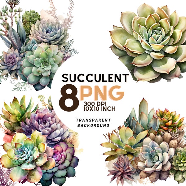 Succulent Watercolor Clipart Set - 8 High-Quality PNGs for Botanical Prints, Digital Journals, Scrapbooking, Digital Download