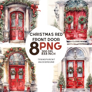 Watercolor Christmas Red Front Door clipart set: 8 High-Quality 300 DPI PNGs, Printable with Commercial Use, Digital Download
