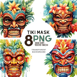 Aquarel Tiki-maskers aquarel clipart: 8 kwaliteit PNG's, 300 DPI, digitale download