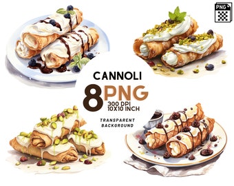 Watercolor Cannoli Clipart: 8 quality PNGs, 300 DPI - Ideal for Digital Journal, Recipe Book, Commercial Use, Digital download